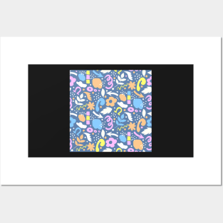 Abstract retro vibrant pattern in sherbet orange, mauve, off white and denim blue Posters and Art